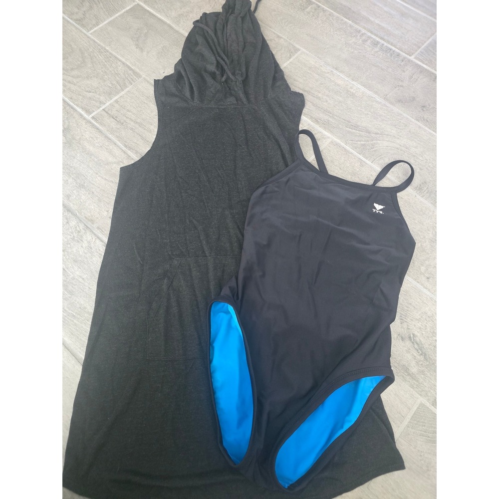 TYR Black Blue Racerback One Piece Swimsuit & Gray Cover Up Hoodie Dress‎ Women